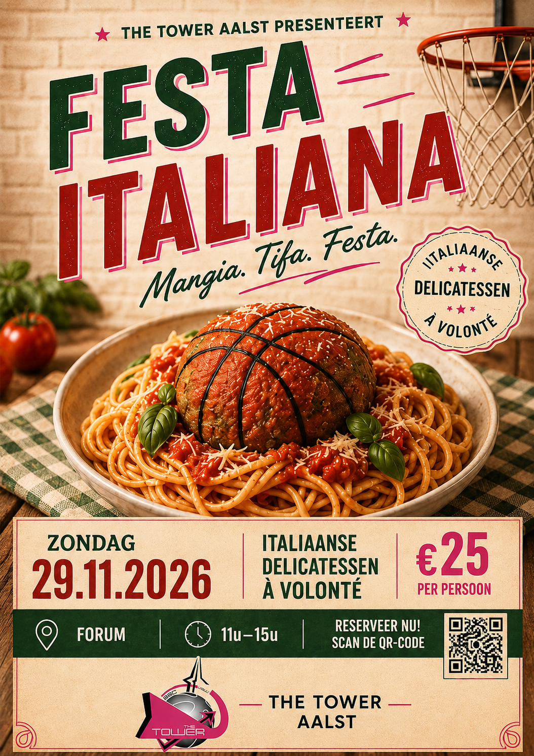 Festa Italiana van The Tower Aalst: zondag 29 november 2026, Forum, 11u–15u. Italiaanse delicatessen à volonté.
